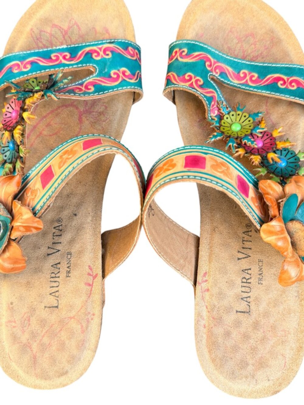 French Sandals Leather Sz 41 Laura Vita Hand-Painted Flower Slide "Bingo" Boho